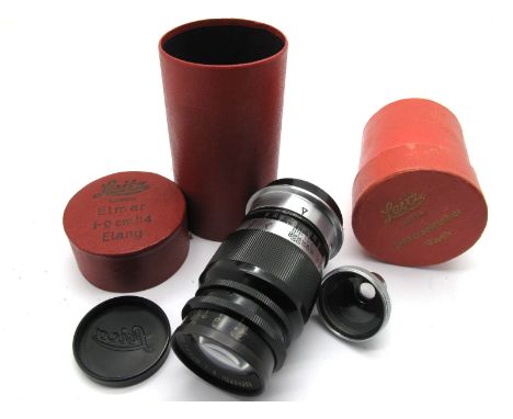 leitz Leica Elam f=9cm, 1:4, No. 284264, in red Leica box, view eye piece, boxed.