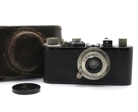 Leitz Camera No 150961, with viewfinder fitted with Elmar 1:3.5 f=50cm lens, in brown leather case.