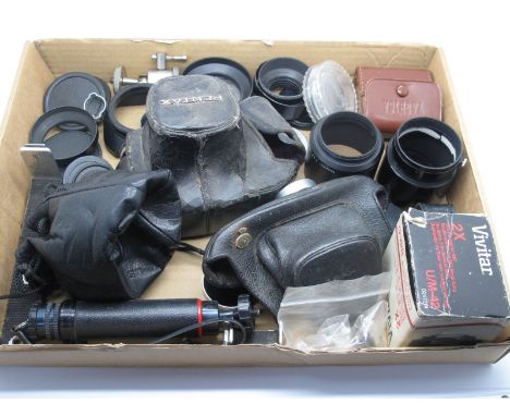 Quantity of Camera Accessories, cases, lenses, lens covers, tripod and a Vivitar Tele Converter, boxed.