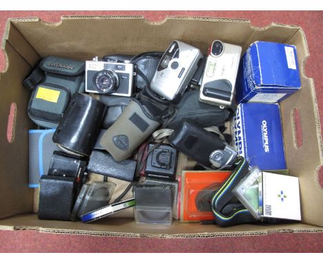 Richo Camera, Olympus, Minolta, Kikon, Konica body, Centon ring flash, many filters and shoulder straps, flashes, etc.