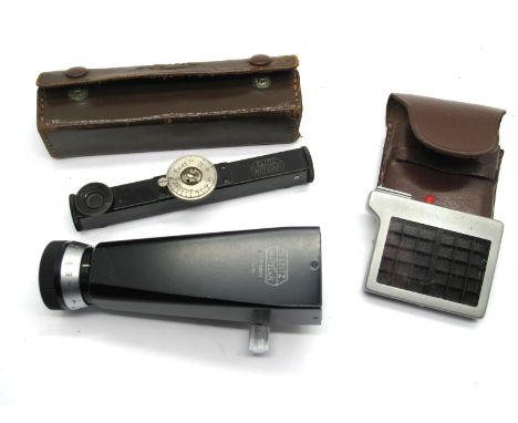 Leitz Leica Sports View Finder 20cm,  Leitz Range Finder in original leather case, Leica Exposure light metre in original lea