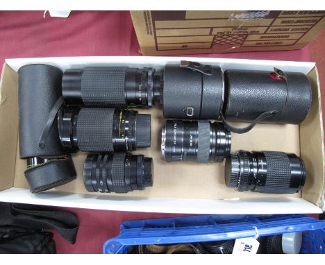 Photax 1:28/135 Lens, cased, Pentacon 7-210 lens, Helios 44M-4 cased, Minolta tele converter, Tonkina 80-200mm lens, Kepcor z