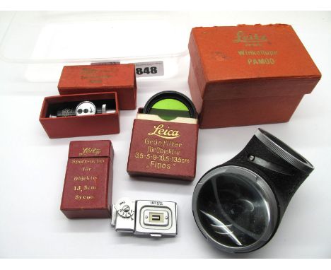 Leitz Leica Pamoo 90° Magnifier, with bayonet mount, in original red box, Leitz Green Filter in original box, Leitz Leica Sel