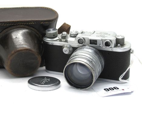 Leica IIIb 1939 Camera, with Rare Leitz Xenon f=5cm 1-1.5 No 376199, D.R.P.a lens, in leather case.