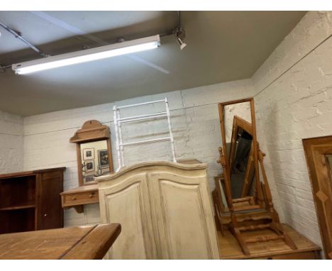 Pine framed single drawer mirrored wall shelf, pine cheval mirror and painted five bar towel rail (3).