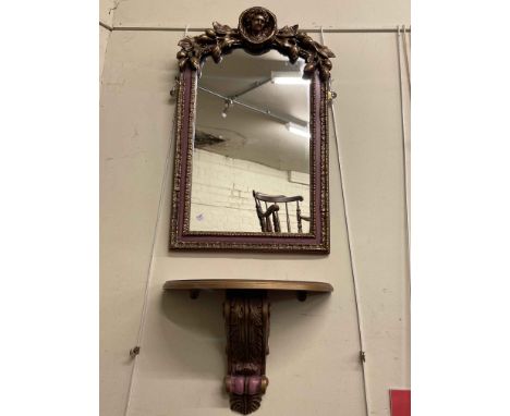 Gilt painted and blush demi lune wall shelf and matching wall mirror.