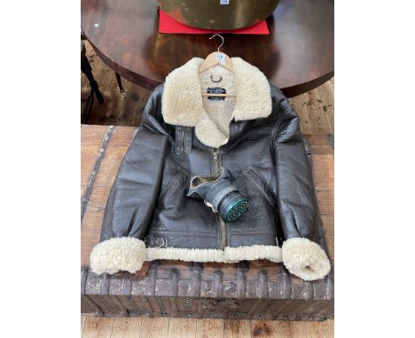 US Army style Air Force sheepskin flying jacket, HPS number 045834134, size 40, and a gas mask.