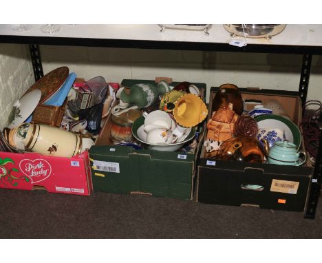 Three boxes of assorted china including West German vase, Carlton Rouge vase, Burleigh Pixie jug, Masons table lamp, glass de