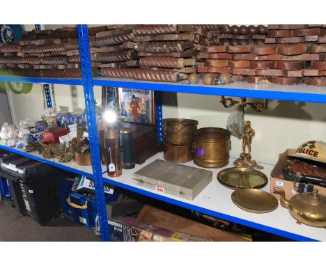 Cased cutlery, brass and copper wares including planters, police helmet, train carriages, horse brasses, Victorian oil lamp, 