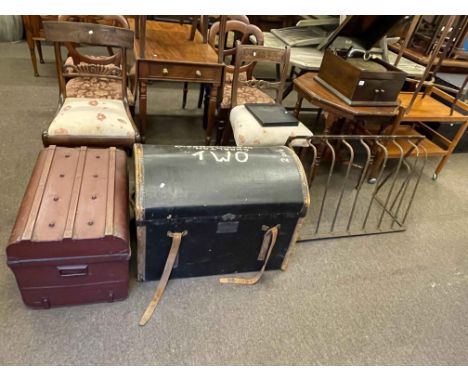 Vintage canvas bound domed top travelling trunk, tin trunk and iron hay rack (3).