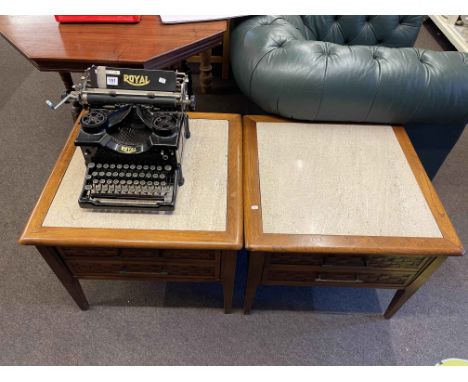 Pair granite inset top single drawer lamp tables, 51cm by 61cm by 61cm.