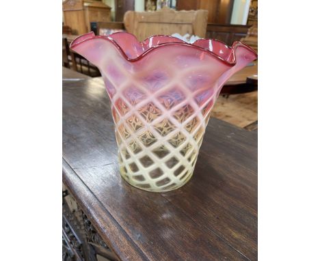 Large ruby and vaseline glass standard oil lamp shade, 23cm high.