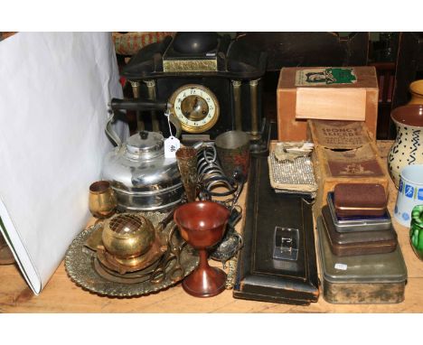 Victorian slate mantel clock, cased carving set, mangle, tins, metalwares, etc.