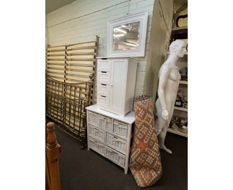 Contemporary white and basket weave seven drawer chest, white bathroom cabinet, wall mirror and John Lewis rug (4).