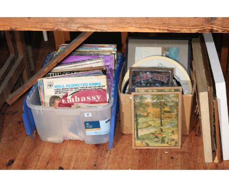 Collection of LP records, prints, pub mirror, etc.