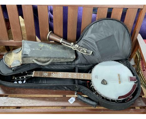 Remo mother of pearl inlaid banjo, clarinet and a Hohner Student II accordion in case.