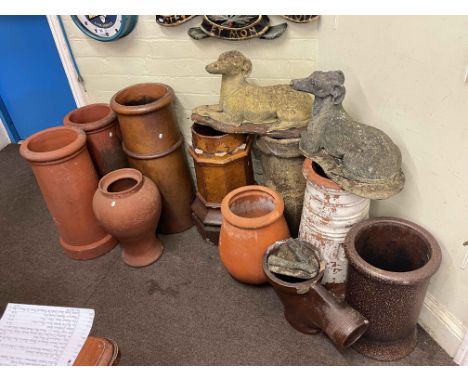Collection of seven various salt glazed and terracotta chimney pots, two terracotta vases, salt glazed waste pipe and pair we