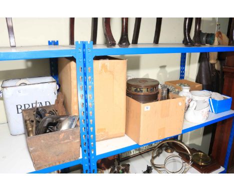 Collection of vintage beer bottles, tools, enamel bread bin, porcelain, copper laboratory cement testing sieves, etc.