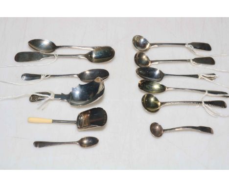 Two silver caddy spoons, London 1843 and Birmingham 1804, together with collection of ten silver mostly cruet spoons (12).