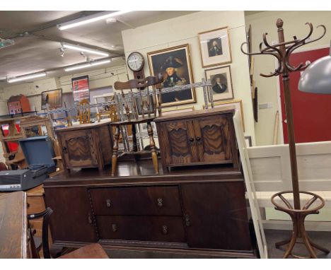 Bentwood hat tree, rectangular bevelled wall mirror, two small units and kitchen chair (5).