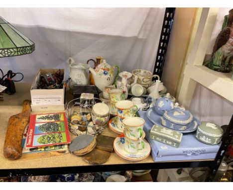 Woods Ivoreen fifteen piece coffee service, Wedgwood blue and green Jasperware, Portmeirion relief jug, tea cards, etc.