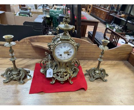Three piece Gilt metal clock garniture set with enamel dial, clock 37cm high.