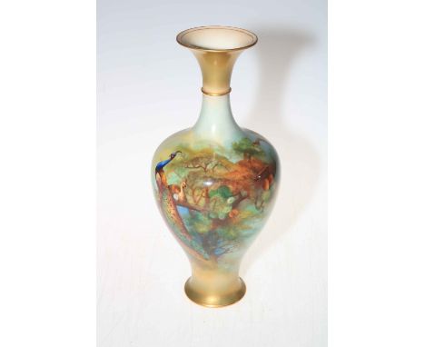 Royal Worcester vase painted with peacocks in tree, signed CV White, mark with number 289 and date code for 1909, 29.5cm.