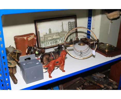 Waterford crystal bowl, barometer, coach lamps with mounted eagles, binoculars, print, porcelain horses, etc.