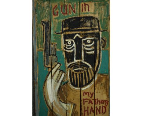 Billy Childish (b.1959) An unframed oil on timber boards (double sided) 'Gun in My Fathers Hand/Self Portrait with Hart', 198