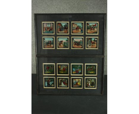 Two framed and glazed sets of glass magic lantern slides. Depicting various stories. H.32 W.54cm. 
