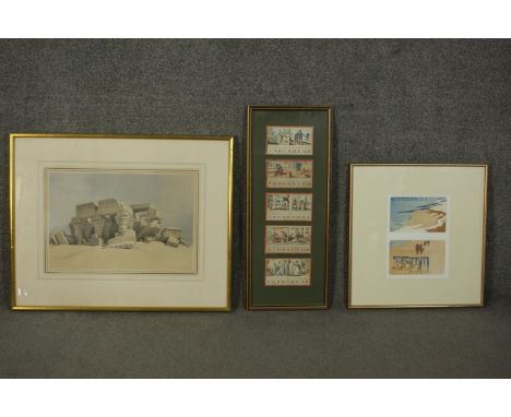 David Roberts, lithograph, temple ruins on the Nile at Kom Ombo, dated 1838 and signed in plate along with a set of five fram