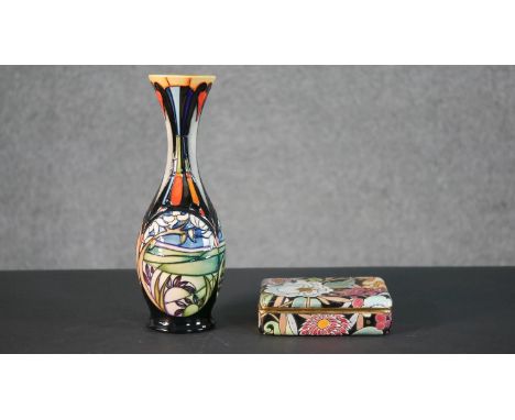 An Emma Bosson Moorcroft landscape vase. Maker's mark to the base and dated 2006 along with a floral design trinket box with 