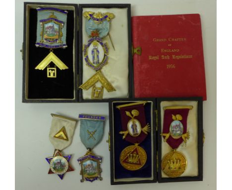 Six silver gilt and enamel Masonic jewelsFor the Tranquillus Lodge together with a Grand Chapter of England Royal Arch Regula