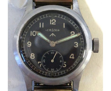 A WWII British military issue Lemania wristwatchWith circular black dial and subsidiary seconds dial, marked with military ar