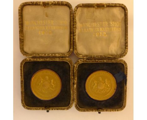 Two 9ct gold Manchester Shoe and Leather Exhibition prize medals dated 1912The first awarded to G Thorpe for increasing membe