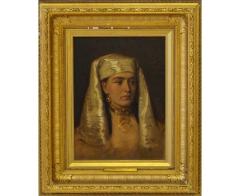 Michele Jordigiani (Italian, 1835-1905) - 'Portrait of an Eastern women'Oil on canvas, signed, also bears plaque to frame, ap