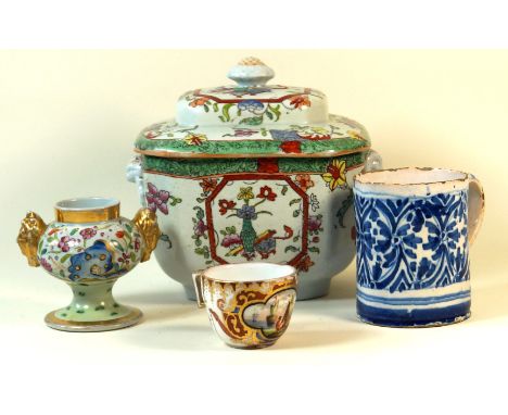 Four pieces of 19th Century porcelain, ironstone and tin glazed porcelainTo include an Augustus Rex hand-painted cup, decorat