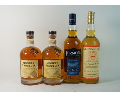 4 bottles mixed lot of Fine Scotch Blended and Single Malt whiskies Comprising 2 bottles Monkey Shoulder 'Batch 27'(1990's bo