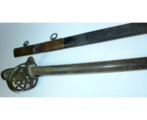 An 1827 pattern Victorian officers sword 82cm single edged single fullered curved blade, with pierced brass guard with Queen 