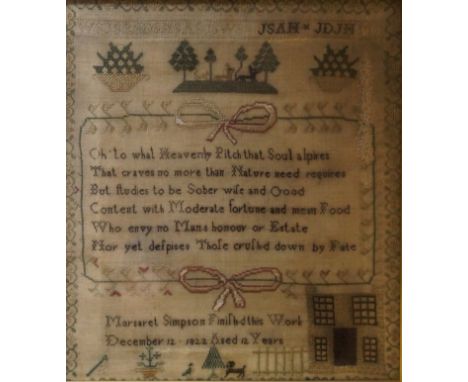 An early 19th Century silk tapestry panelDecorated with animals in landscape scenes, along with central verse, signed Margare