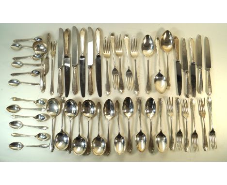 A fifty two piece hallmarked silver part canteen of cutlery Comprising five table forks, six dessert spoons, six soup spoons,