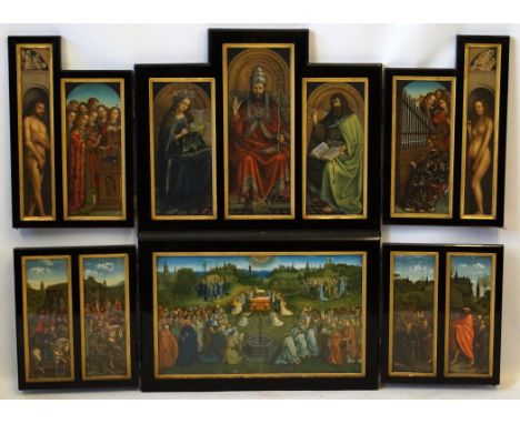 After Hubert Van Eyck (c.1385-1426) - 'The Ghent altar piece, 1432'A 19th Century chromolithographic triptych, c.1860, inset 