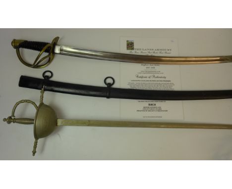 A mid 19th Century cavalry sabre89cm single edged single fullered blade, with pierced swept guard, complete with metal scabba