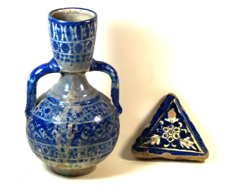 An unusual Middle Eastern iznik pottery twin handled vaseHaving blue and white geometric decoration, possibly 18th/19th Centu