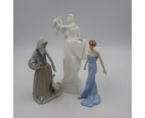 Group of three ceramic figures, including Royal Doulton 'Over The Threshold' HN3275, Royal Doulton Princess Diana HN5061 and 