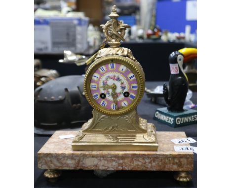 French brass chiming mantel clock with a ceramic dial, on a rouge marble base, H: 28cm. Not available for in-house P&amp;P