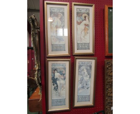 A Series of four French Art Nouveau prints after Alfons Mucha, framed and glazed, 31cm x 10cm 