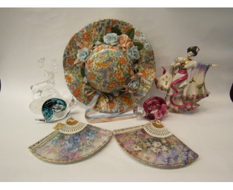 Two Wedgwood glass snail paperweights, Japanese figure and fans, ceramic hat and a crystal deer figure (7) 