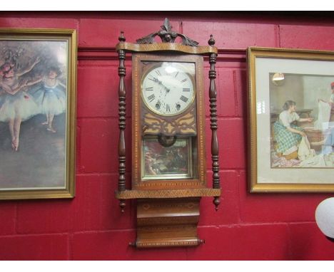 An inlaid and carved bracket clock with key and pendulum. a/f 
