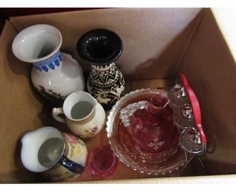 A selection of ceramics and glassware including carnival glass bowl, cranberry glass jug, ceramic vase signed K K Sabah to un